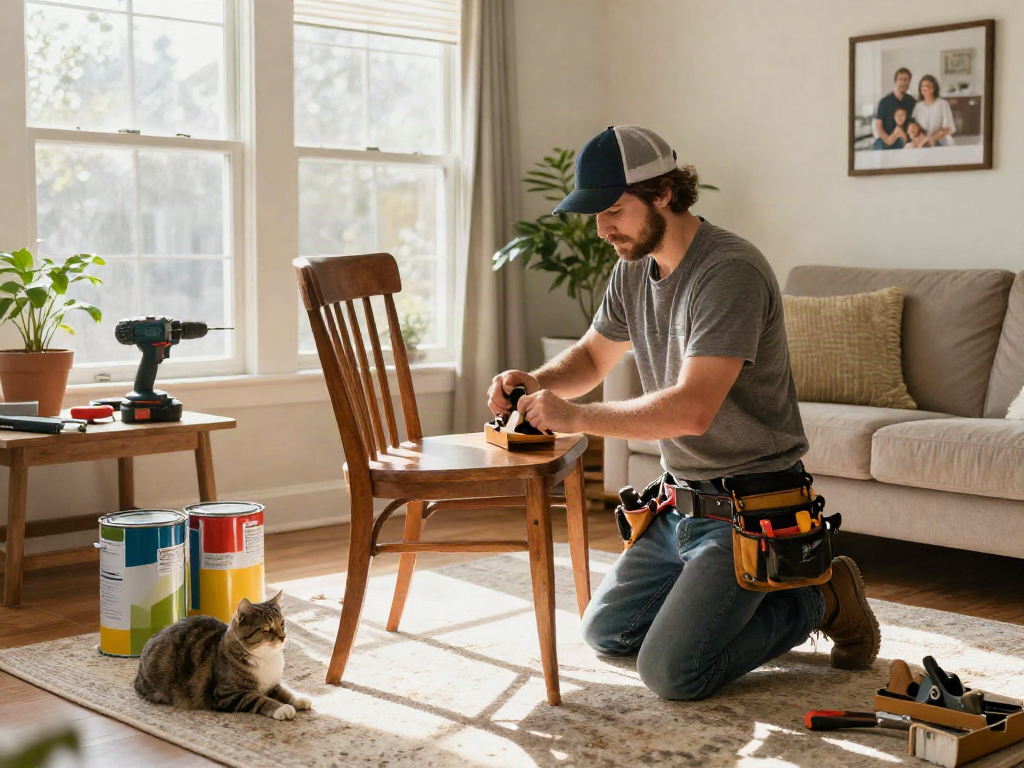 Home repair services Des Moines Iowa, showing a handyman fixing a vintage chair in a cozy living room with warm lighting.