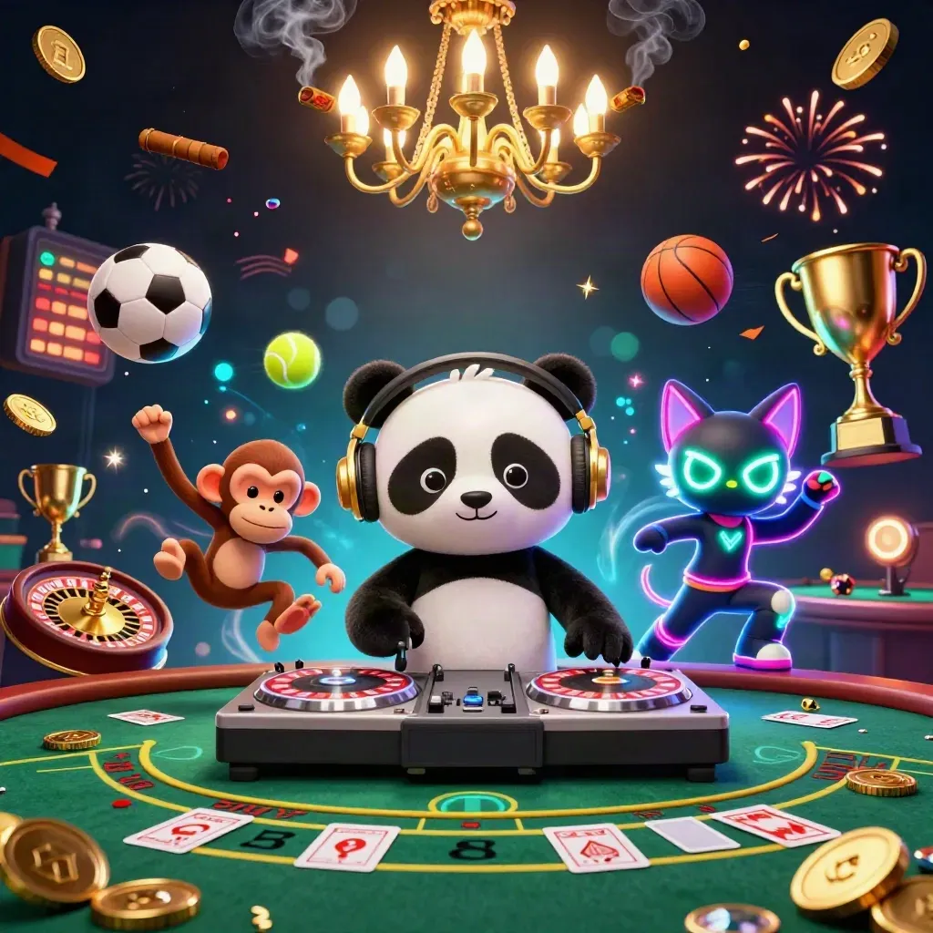 DJ panda, monkey, and glow-stick kitten in a neon casino room with sports balls and lights.