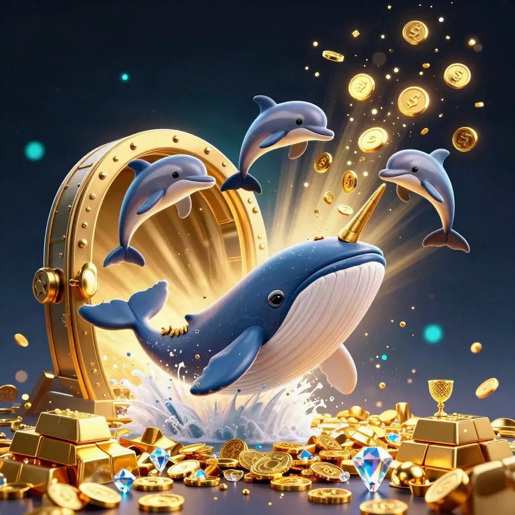 Whale captain, narwhal, and dolphins burst through gold coins and a glowing vault in a navy casino scene.