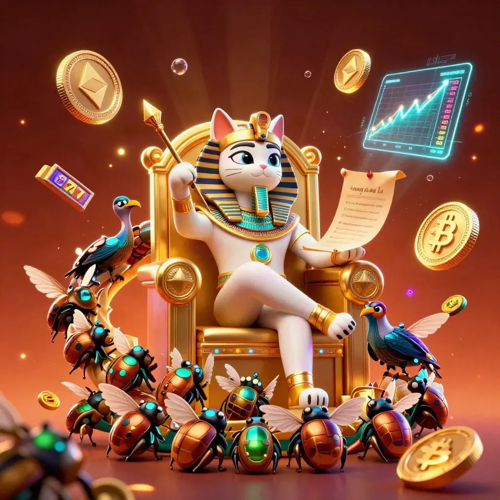 Pharaoh cat on throne with ibis scribe, scarab wings, coins, and casino energy