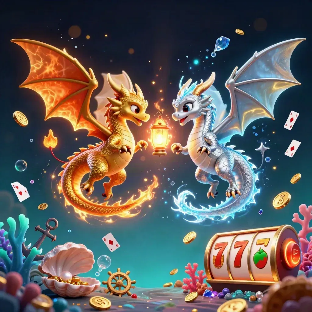Twin gold and silver dragons spiral in fire and ice over treasure and coral.