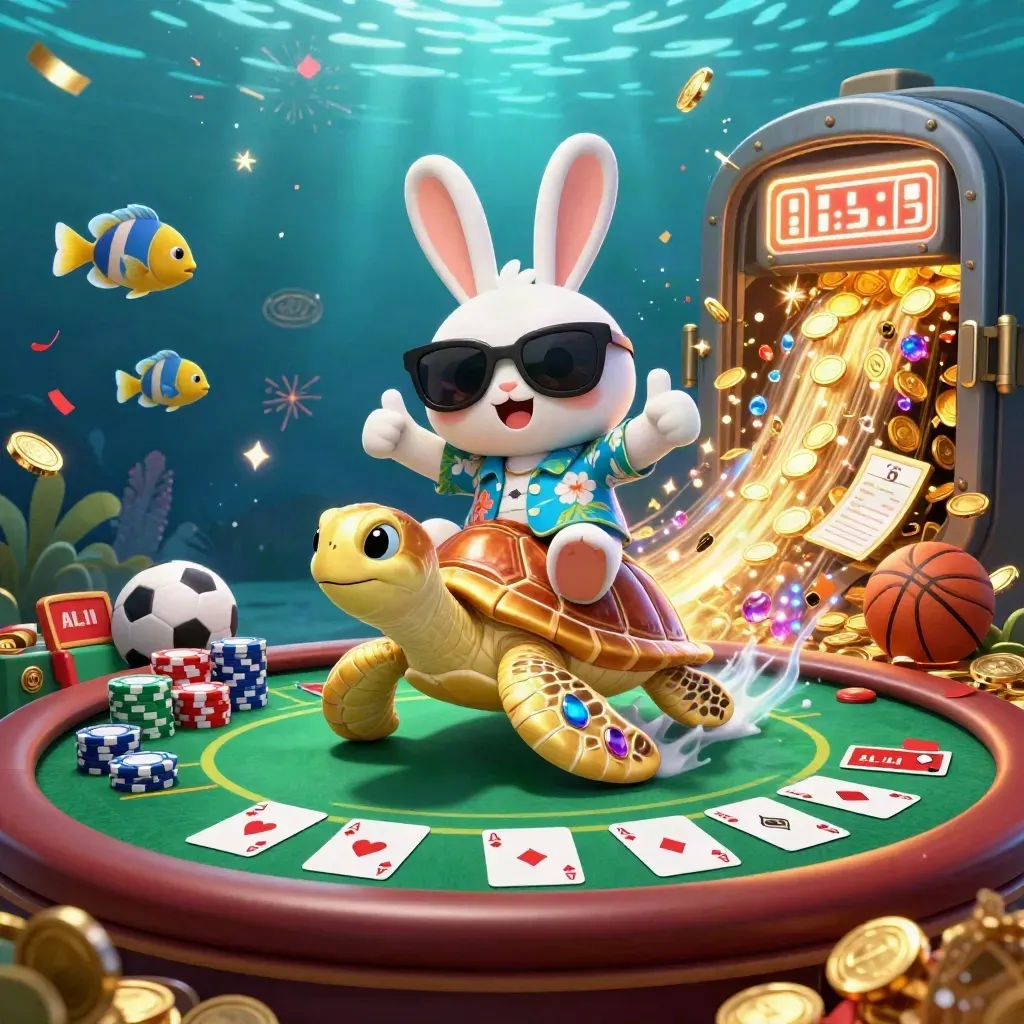 Lucky rabbit rides a gem-shell sea turtle amid casino chips, cards, and fireworks underwater.