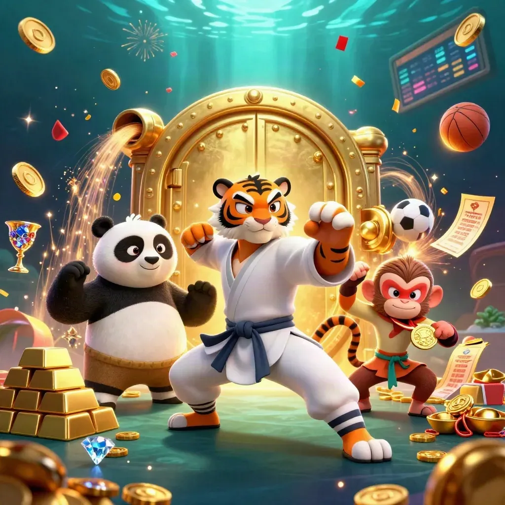 Tiger, panda, and monkey celebrate amid a vault burst, coins, gems, and fireworks.