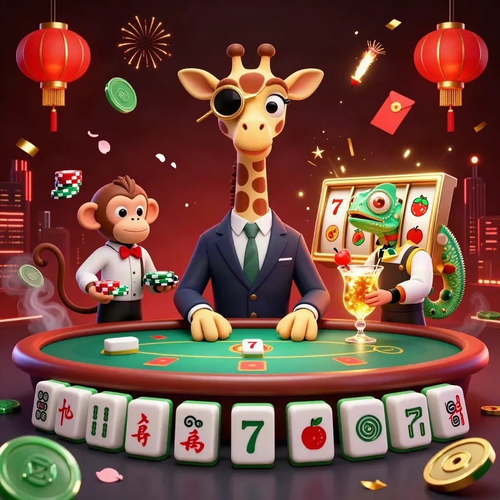 Giraffe, monkey, and chameleon in a neon casino scene with coins, lanterns, and slot reels.