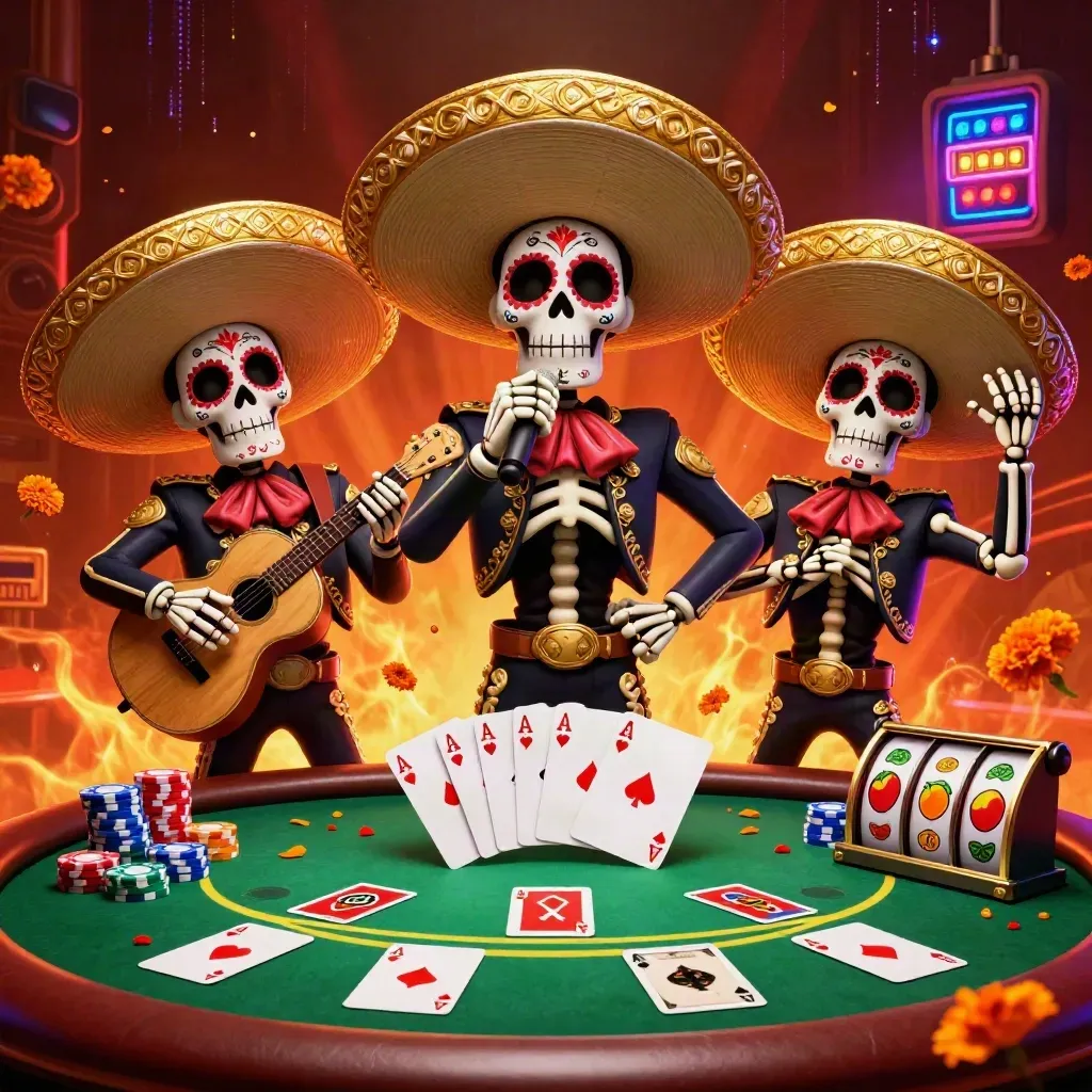 Skeleton mariachi trio over poker chips, cards, slots, embers, and neon casino energy.