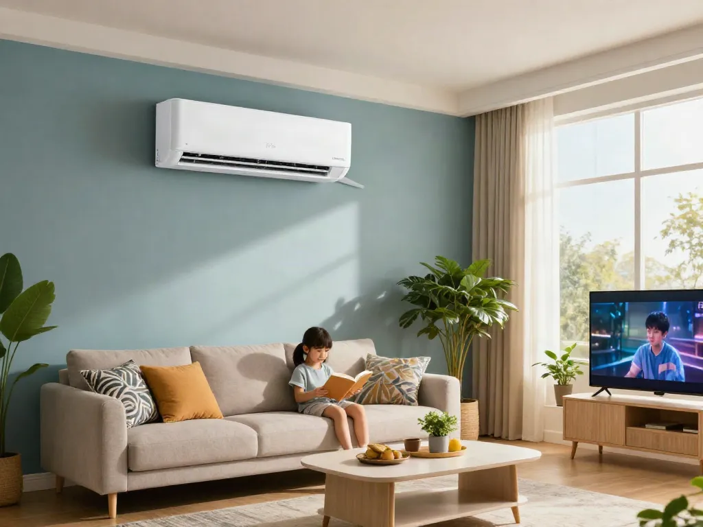 Family enjoying comfort in a bright living room with an 18k mini split air conditioner.